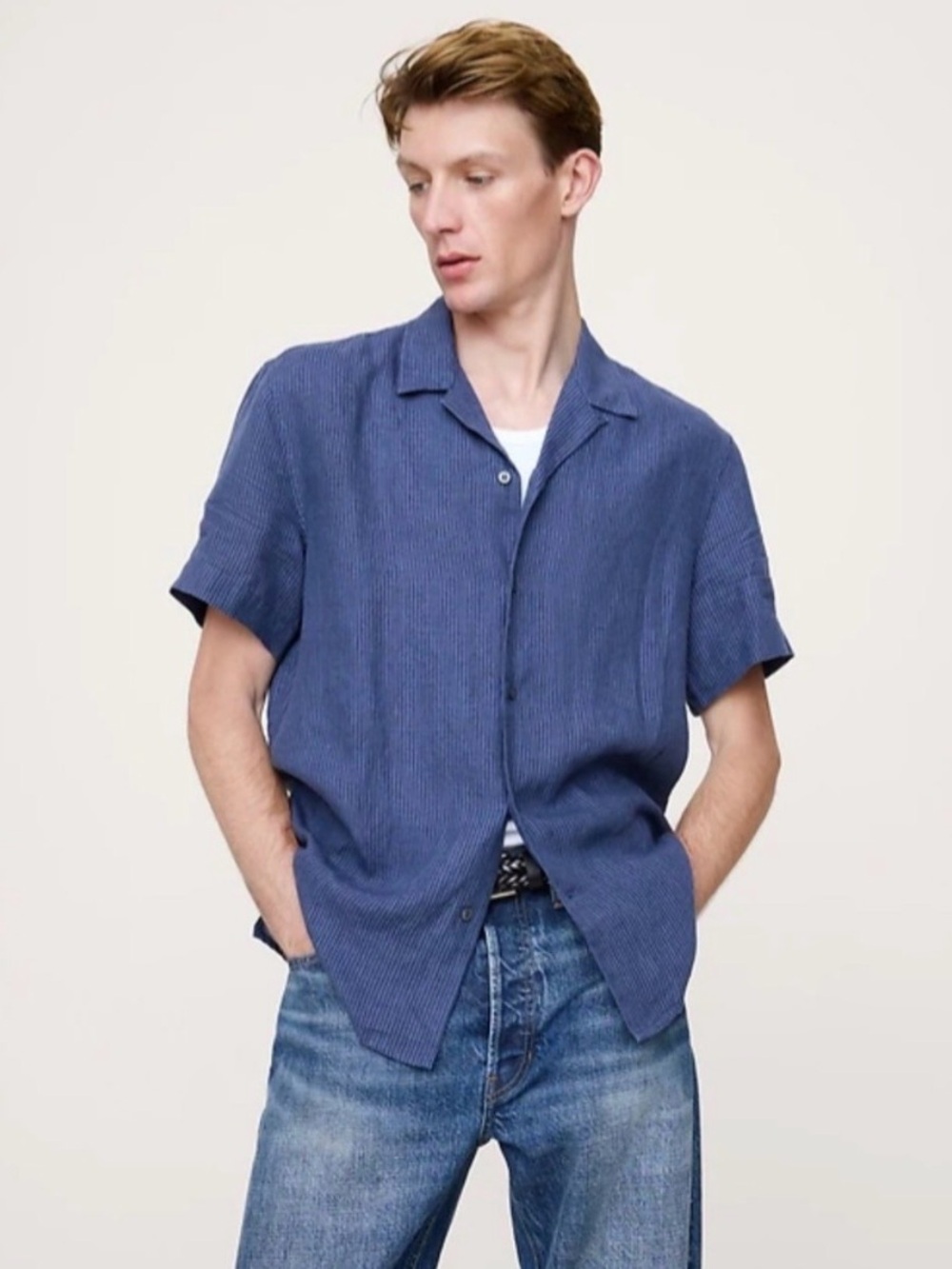 Banana Republic Factory Linen Blend Blue Short Sleeve Camp Button Down